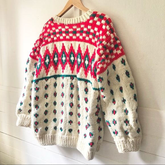 Vtg Hand Knit Christmas Nordic Southwestern Aztec Fisherman Grandpa Wool Sweater - Picture 11 of 12